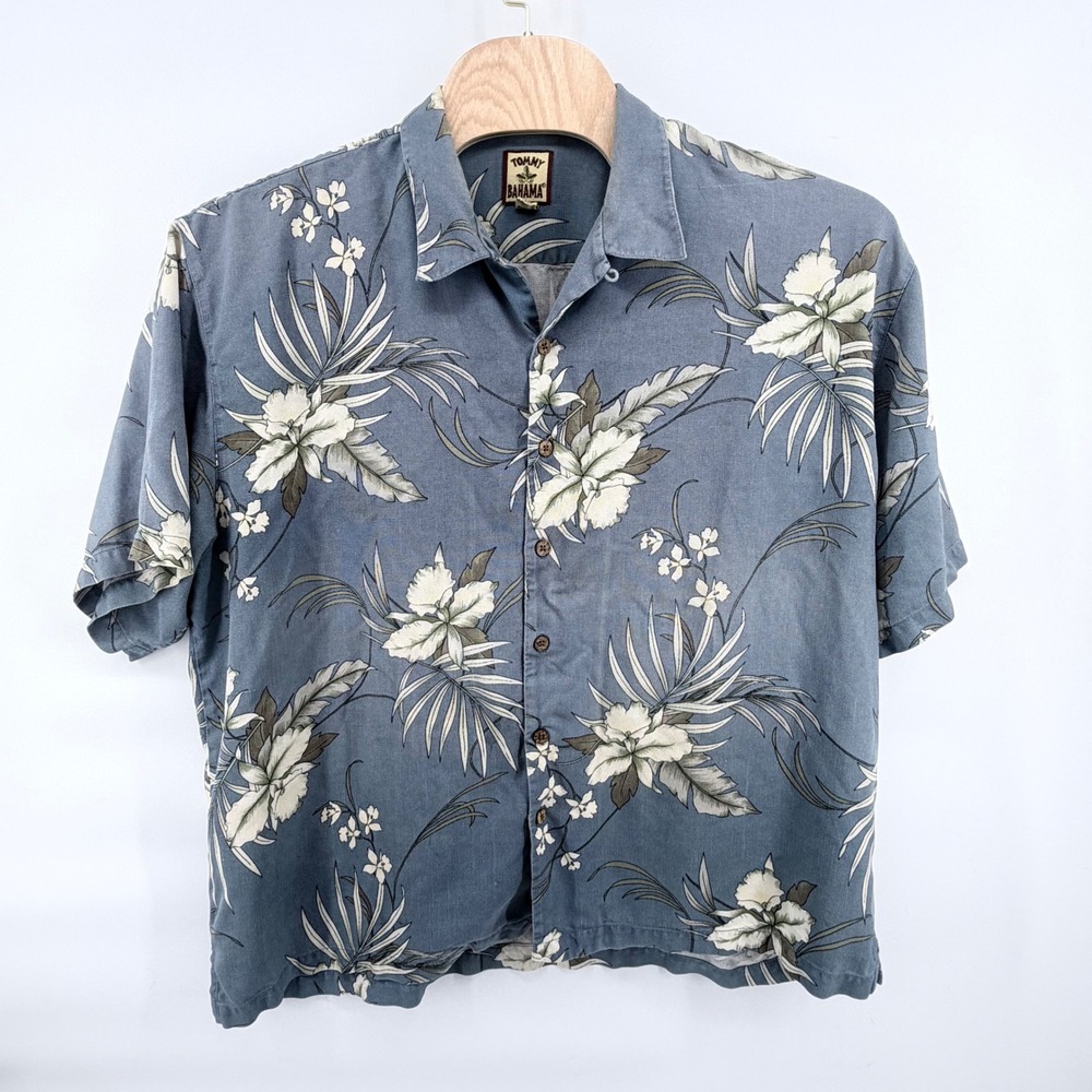Tommy Bahama Men XXL Blue Silk Floral Hawaiian Camp Shirt Short Sleeve Button Up